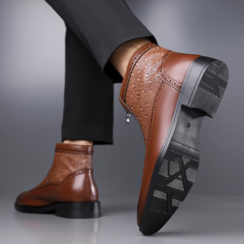2026 Men's Business Casual Ankle Boots - Genuine Leather with Side Zipper&Brogue Perforations, Breathable Lining for Urban Style
