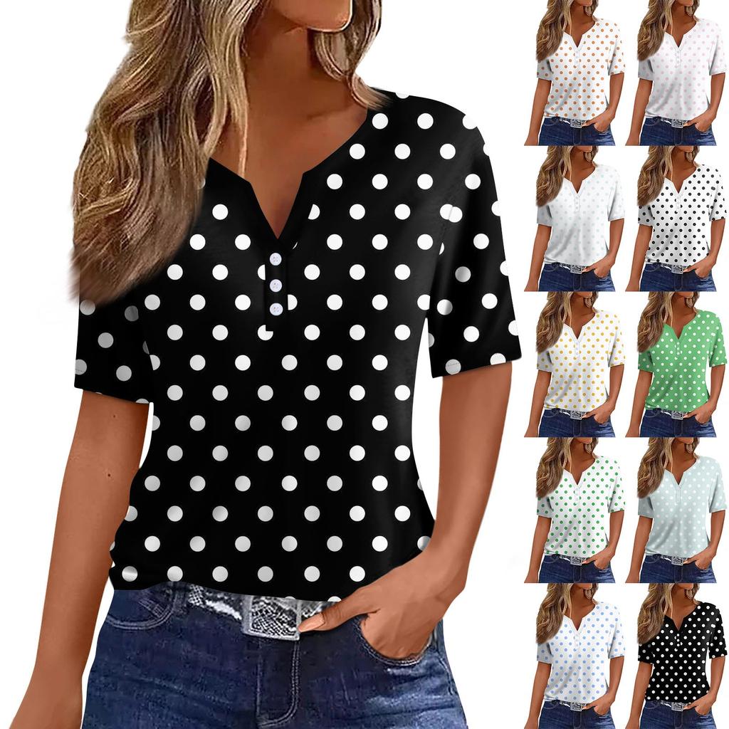 Women's Fashion Casual Solid Color Dot Print V-Neck Short Sleeve Decorative Button T-Shirt Top