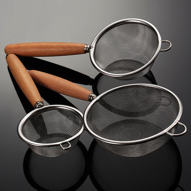 304 Stainless Steel Mesh Strainer with Solid Wood Handle - Multi-Size Flour Sifter & Skimmer.
