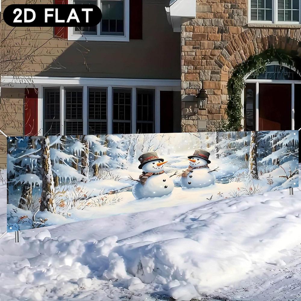 Square Christmas Fence Banner, Winter Snowman Santa Reindeer Gingerbread Snowy Forest Design, Polyester Outdoor Holiday Photo Backdrop
