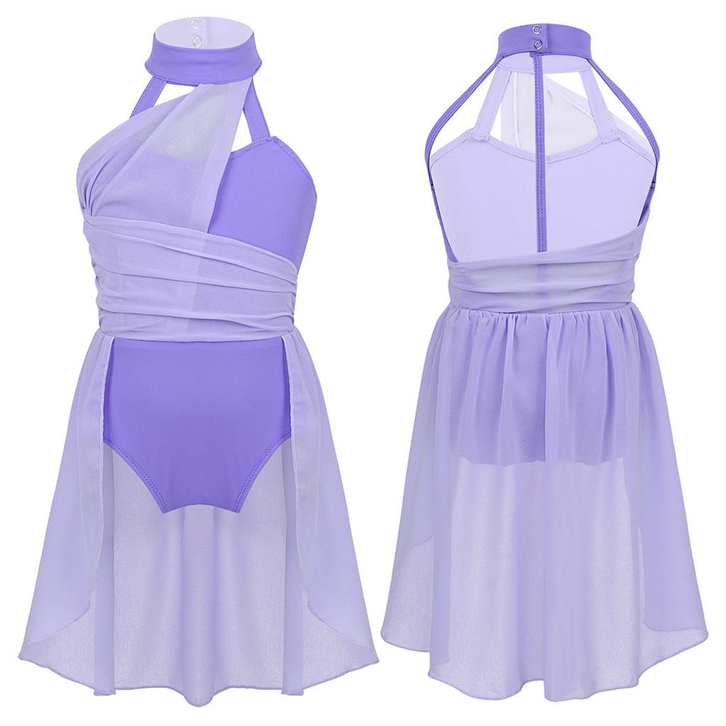 Детское гимнастическое танцевальное платье без рукавов для девочек, шифоновый лиф с рюшами, купальник, танцевальная одежда, костюм