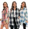 Women Plaid Shirt with Long Roll-Up Sleeves Pockets Button Down Turn-down Collar Loose Casual