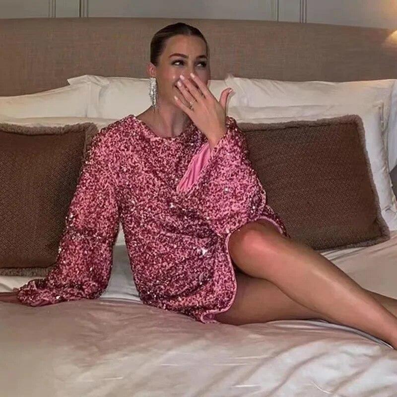 2024 Sexy Backless Sequin Lace Up Bow Fashion Women Dresses Party Club Evening Banquet Robe O-Neck Long Sleeve Dress 30499