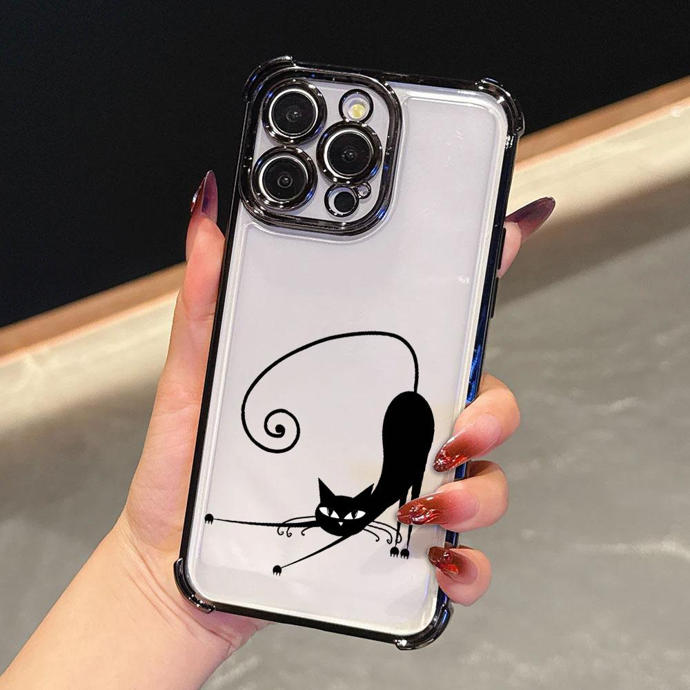 Мультяшный Милый Маленький Черный Кот Чехол Для iPhone 17 Pro 16 15 14 13 12 11 Pro Max Чехол 17 Plus 17E 16E 17Air Силиконовый Чехол Для Телефона