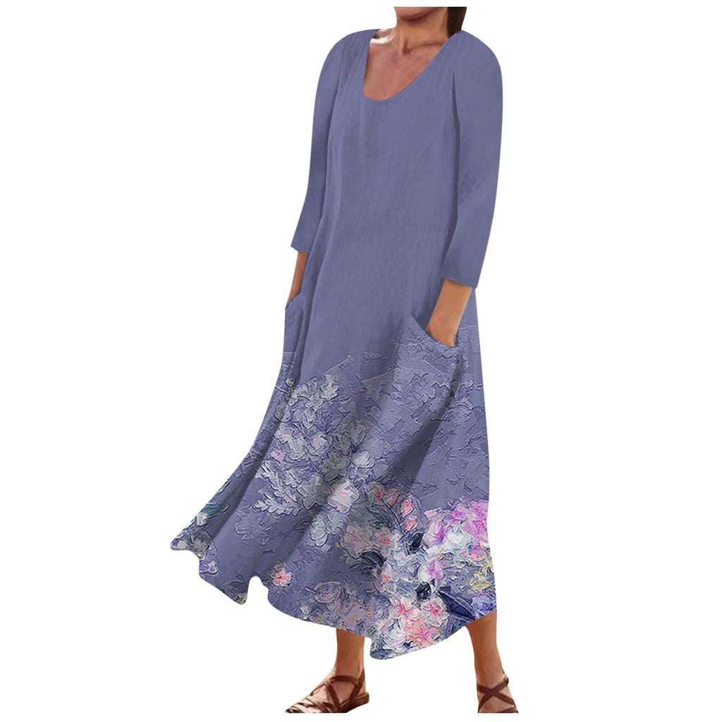 Women's Fashion Casual Print Round Neck 3/4 Sleeve Loose Pocket Dress