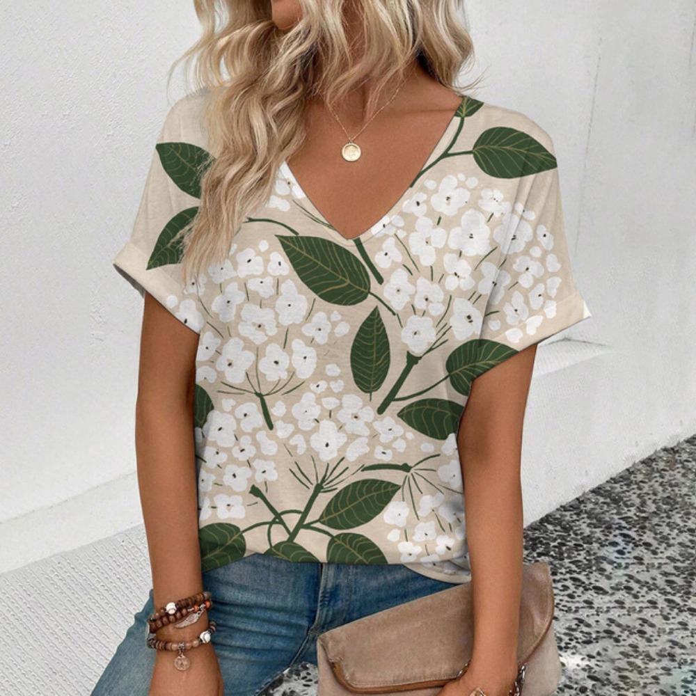 Топ для женщин, летняя женская футболка с V-образным вырезом, футболка с принтом в стиле ретро и цветочным узором, модная женская футболка для отдыха с коротким рукавом