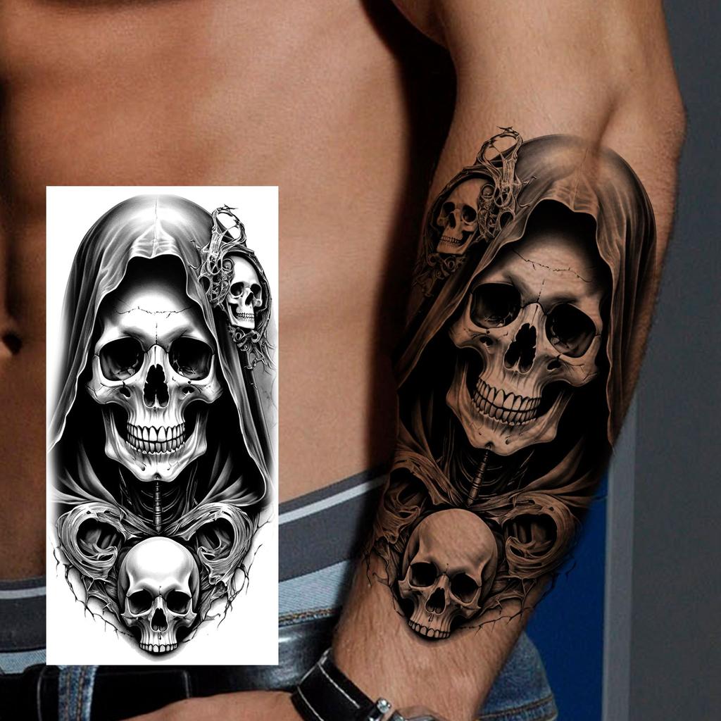 1 Sheet Scary Grim Reaper Skull Temporary Tattoos Halloween Tatoos Long Lasting Waterproof Tiger Wolf Beast Fake Tattoo Stickers