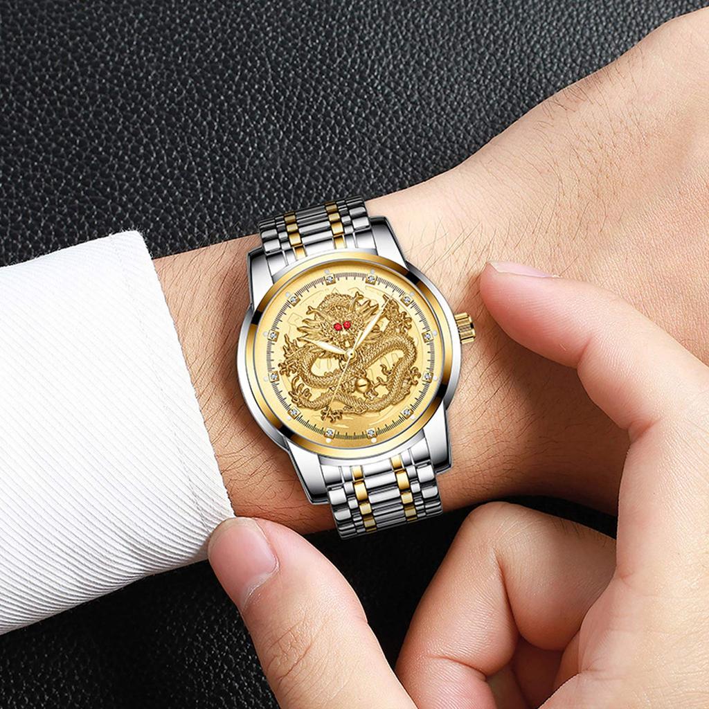 RORIOS Dragon Artificial Business Stainless Steel Business Trip Black B Men's Watch, Waterproof, Analog, Dial, Luminous, Unique, Diamond, Quartz,