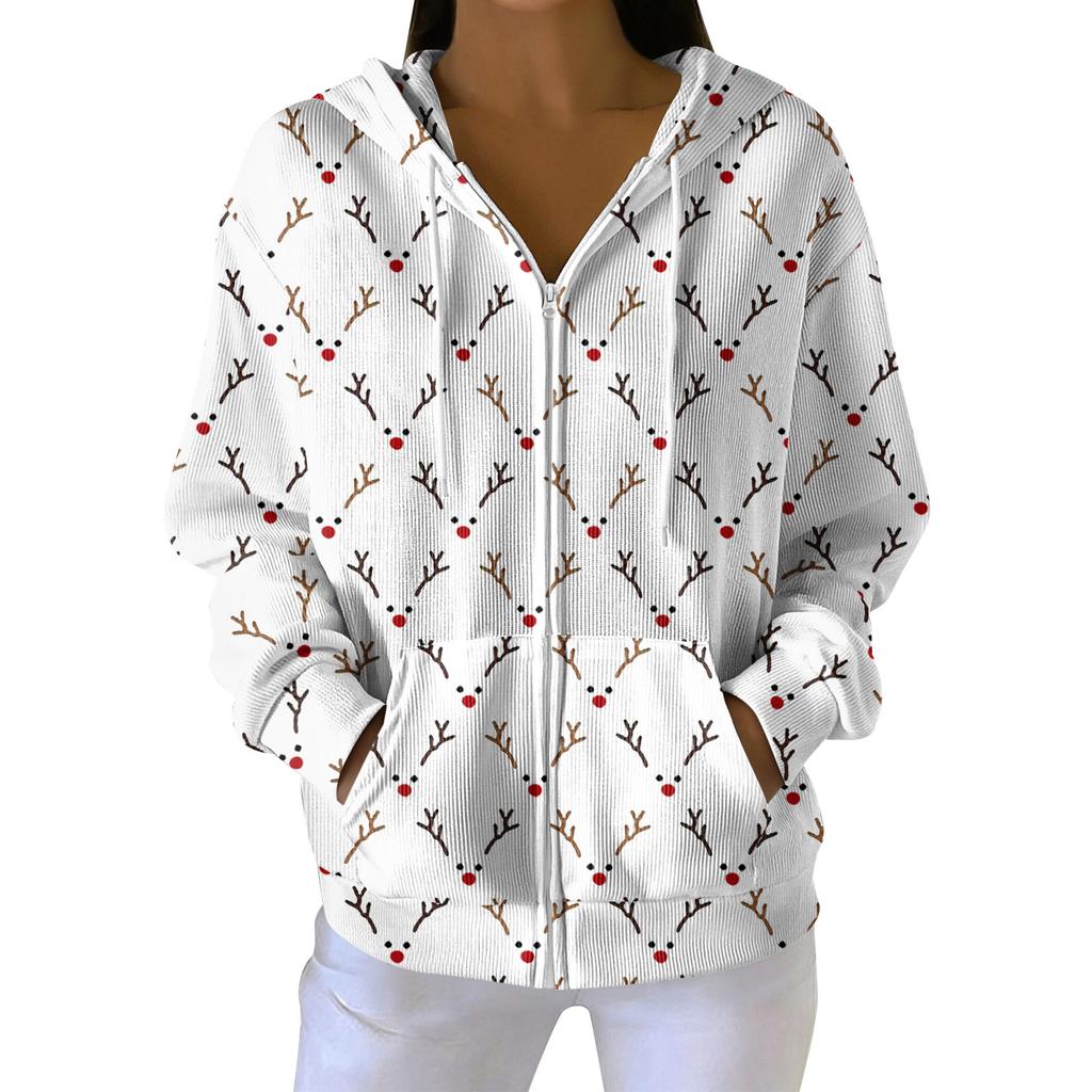 Женская повседневная модная вязаная толстовка с длинными рукавами и застежкой-молнией, с рождественским принтом
