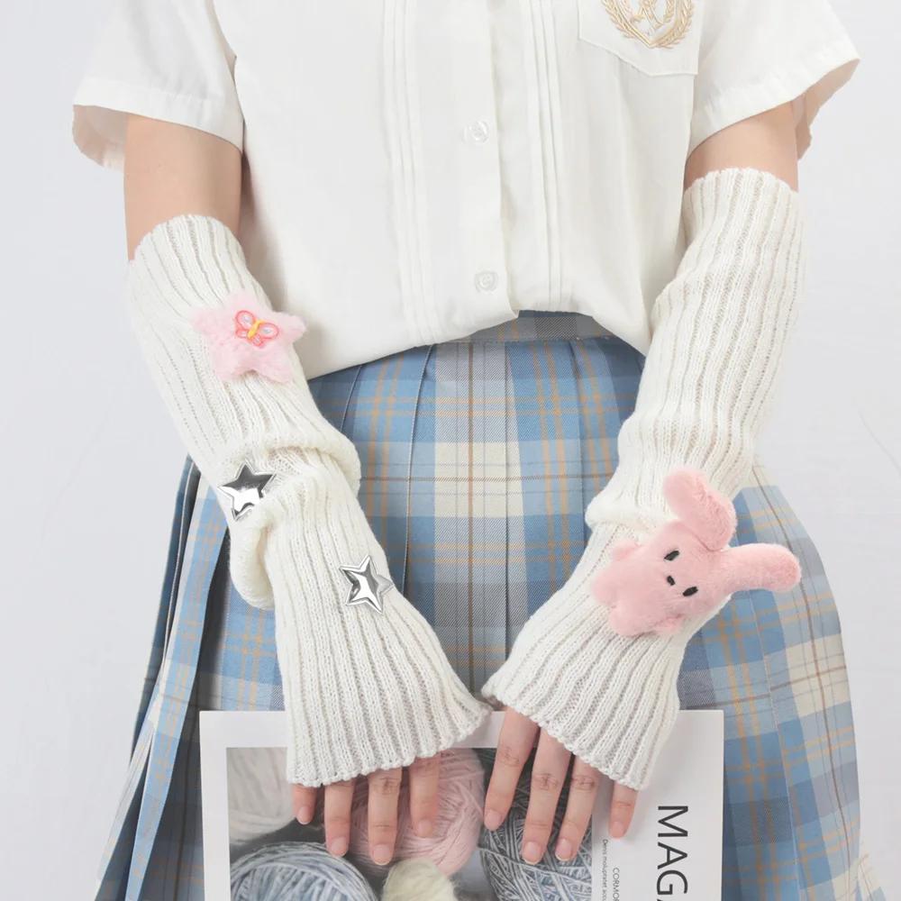 Winter Kawaii Arm Sleeves for Women Thicken Warm Knitted Arm Warmers Long Sleeve Half-finger Glove Gothic Fingerless Mitten