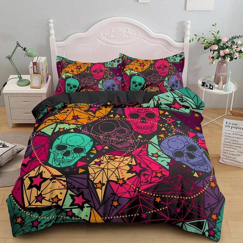 Skull Duvet Cover King, Halloween Comforter Cover,Gothic Fog Smoke Skull Skeleton Bedding Set,Grey Quilt Cover Room Decor