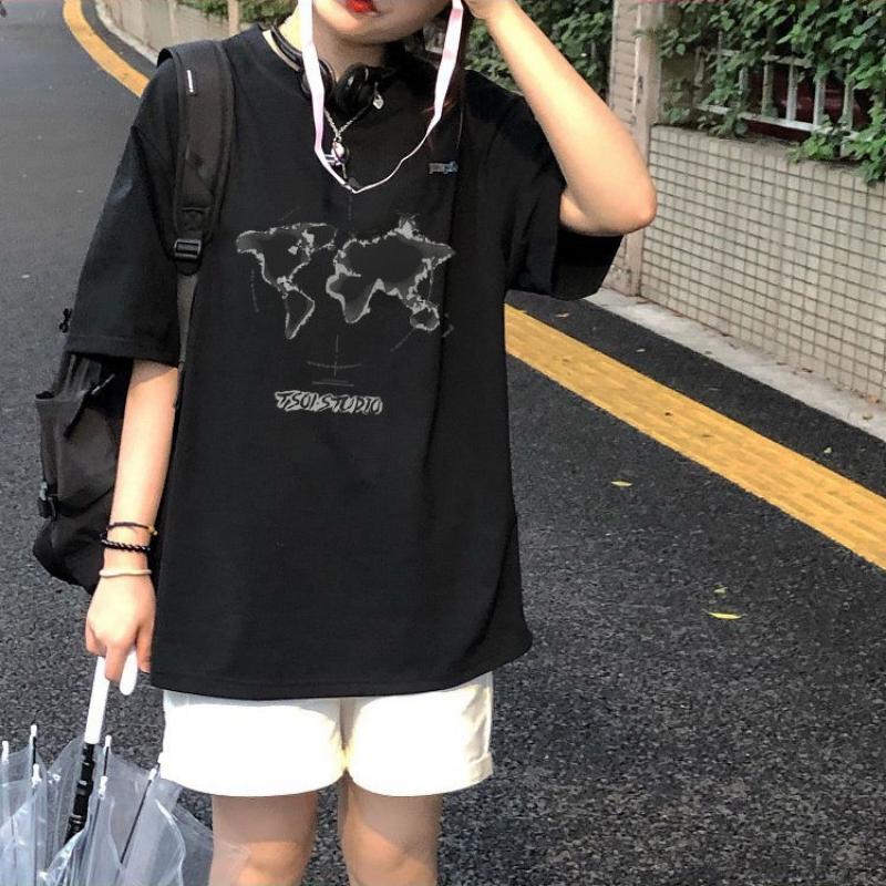 Летняя женская футболка большого размера с принтом, хлопковая студенческая корейская версия свободной футболки с короткими рукавами