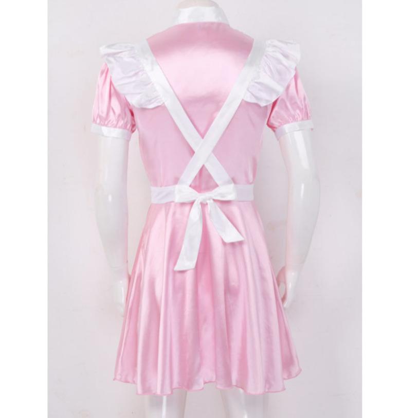Men Sissy Maid Cosplay Outfit Puff Sleeve Front Button Down Dress with Apron and Headband
