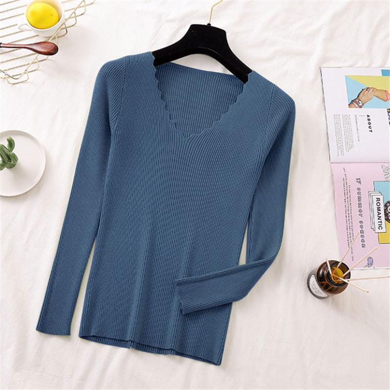 Осенне-зимний кружевной облегающий свитер с V-образным вырезом, женский вязаный универсальный пуловер с длинными рукавами, топ