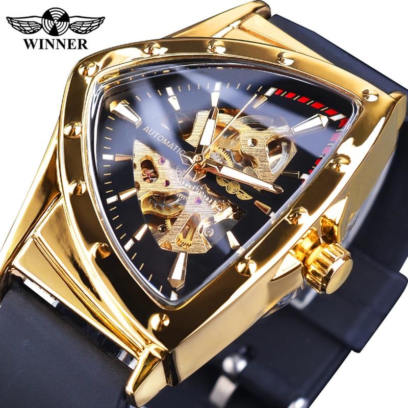 WINNER Triangle Automatic Military Wristwatch With Luminous Pointers Sport Style Men's Watches Transparent Skeleton Mechanical Watch