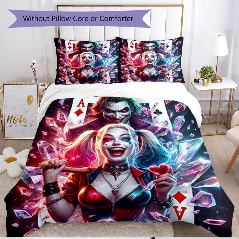 3pcs Duvet Cover Set (1*Duvet Cover + 2*Pillowcase, Without Core), Harley Quinn Joker Print Soft All‑Season Bedding Set, Home Bedroom Decor Gift