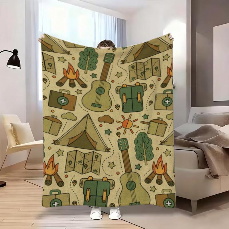 Beige Background Camper Van Pine Tree Happy Camping Fleece Blanket For Rustic Bedroom Decor Soft Warm Throw Blanket Wrap