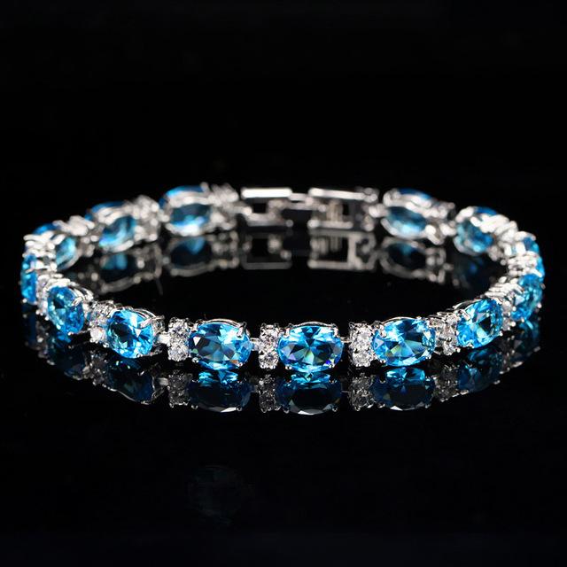 Pera Fashion Summer Style Light Blue Crystal Tennis Bangles for Women Silver Color Big Round Cubic Zirconia Link Bracelets B107