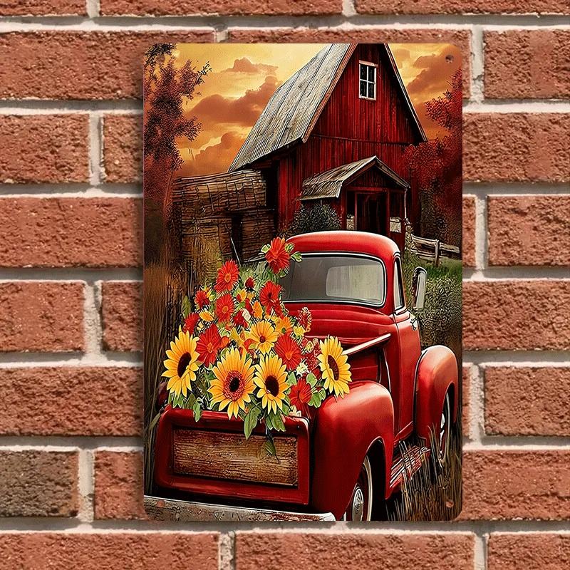 1 piece: Vintage red truck and sunflower bouquet tin painting, American country style living room/entrance wall decoration, nost