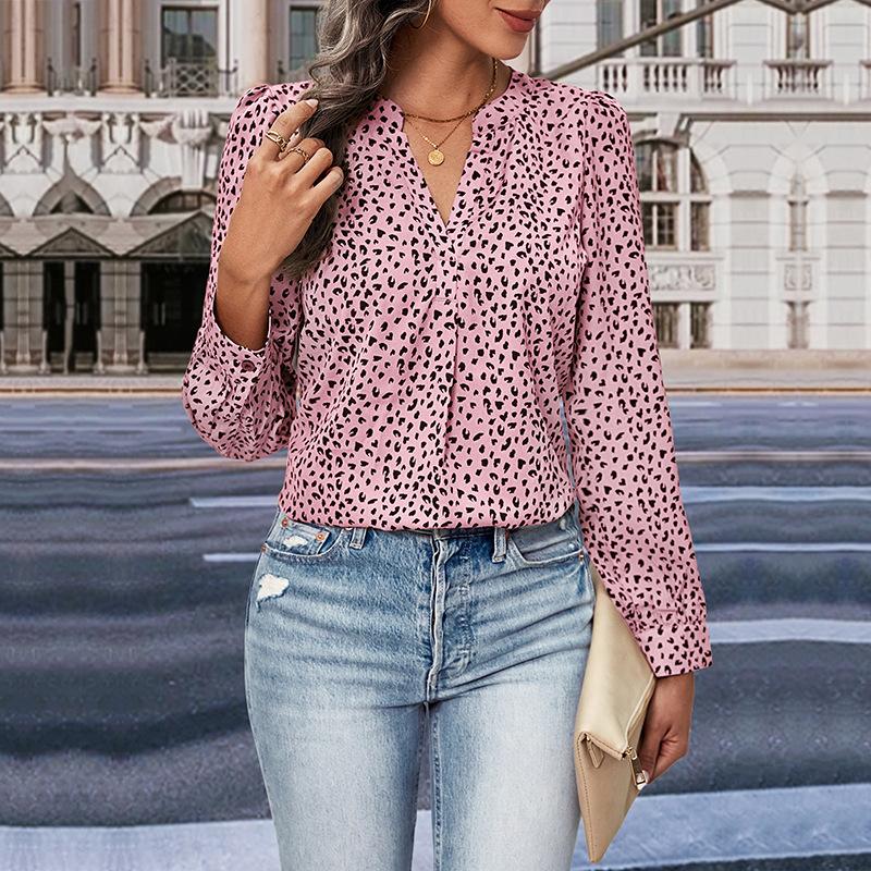 YYFS Женская мода повседневная весна осень леопардовый принт длинный рукав V-образный вырез блузки и рубашки
