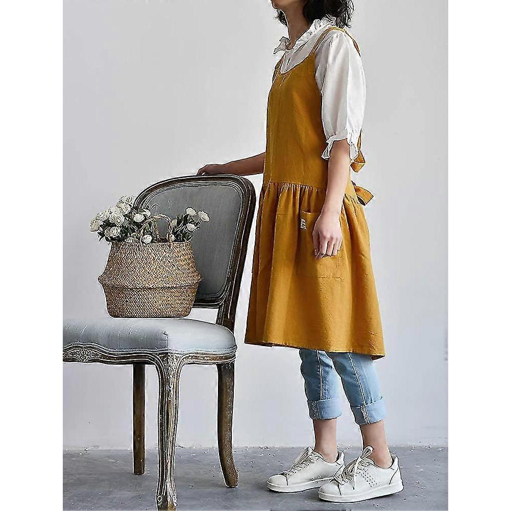Cotton Linen Cross Back Apron For Women With Pockets For Painting Gardening