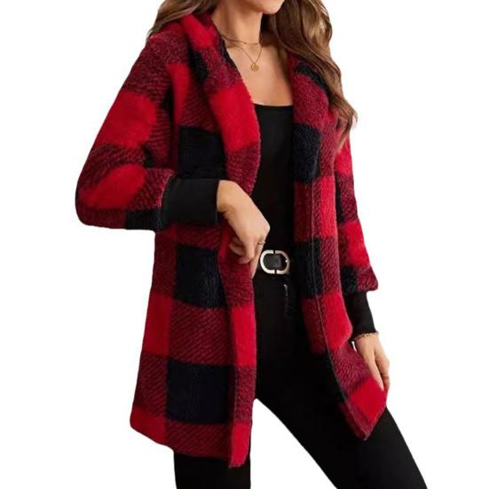 Зимний свитер, пальто с принтом в клетку, с капюшоном, толстый ветрозащитный кардиган с открытой строчкой, верхняя одежда, куртка средней длины из плюша для школьных путешествий