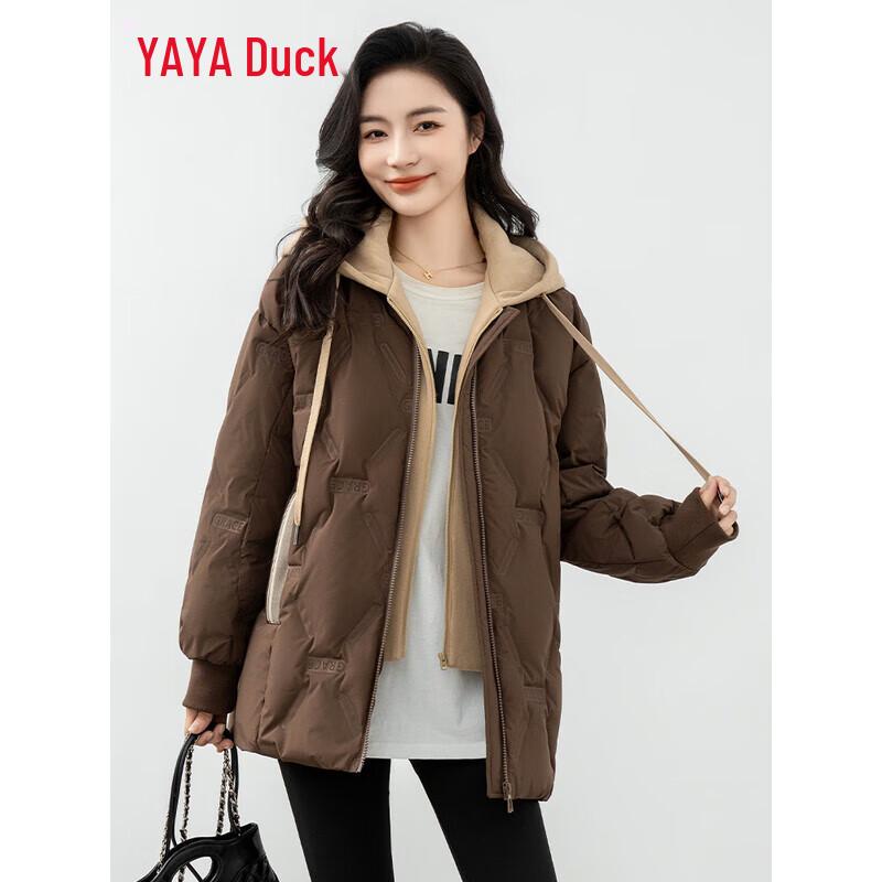 YAYA Women's Faux Two-Piece Detachable Hood Down Jacket