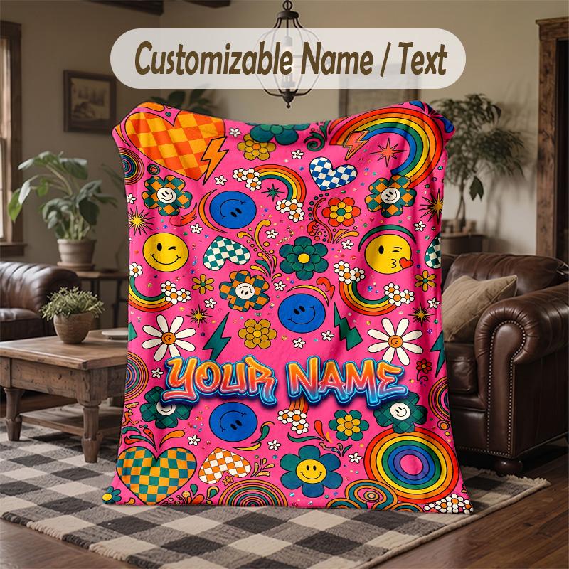 Happy Colors Smiles Theme Throw Blanket Custom Name Text Personalized Blanket Soft Cozy Blanket for Home Sofa Bed