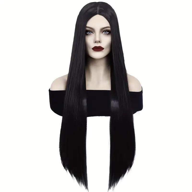 Cosplay Wig Wednesday Addams Costume Black Middle Part Long Straight Full Cap Halloween Party Role Play