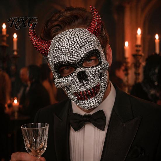 Rhinestone Full Face Mask Halloween Mask, Sparkly Faux Crystal Demon Horn Masquerade Breathable Lightweight Cosplay Prop for Party Nightclubs