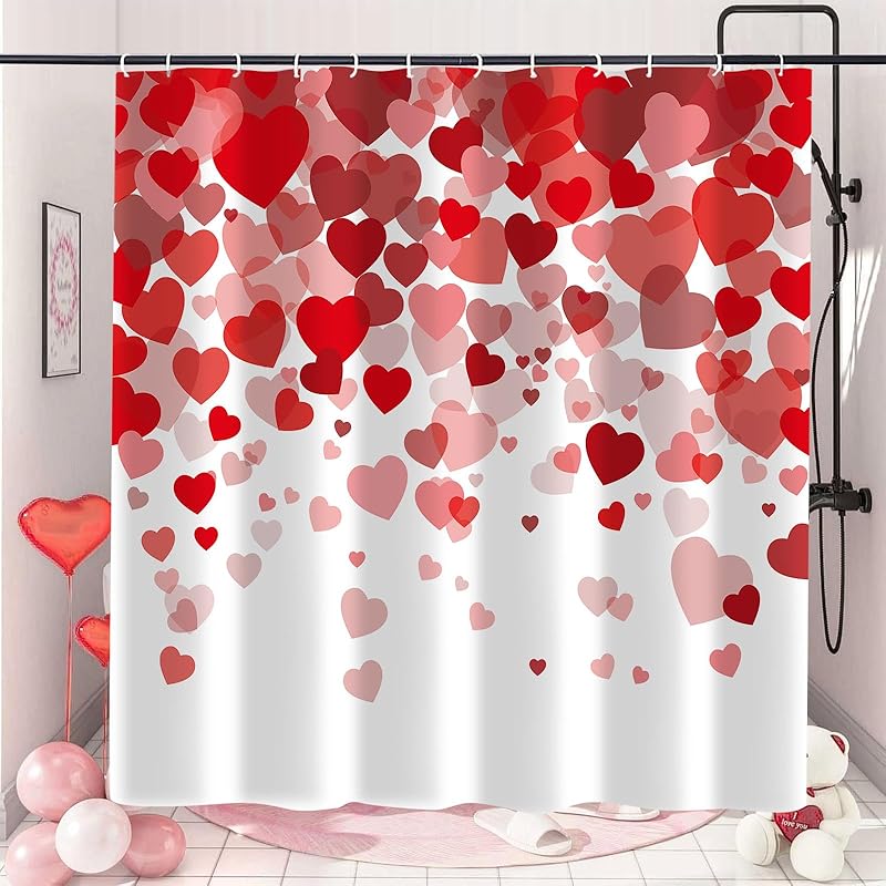 Valentines Day Shower Curtain for Bathroom, Red Hearts Romantic Pink and Red Hearts Bathroom Decor Shower Curtain Sets, Polyester Fabric Shower