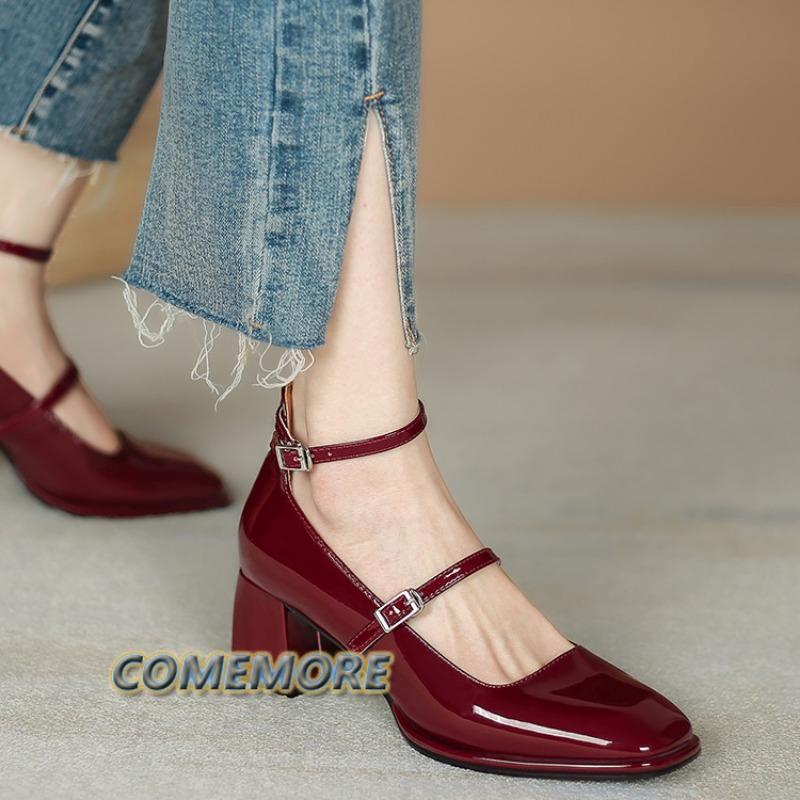 Модная женская обувь в стиле Мэри Джейн, женская обувь на низком каблуке с неглубокой горловиной и квадратной головкой, однотонная женская обувь для вечеринки 2024 года, весна-осень