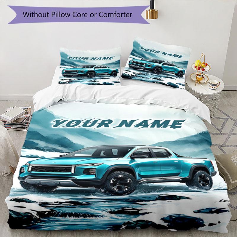 3PC Custom Name Blue Pickup Snowy Landscape Bedding Set Duvet Cover Closure Includes 1 Duvet Cover & 2 Pillowcases for Bedroom