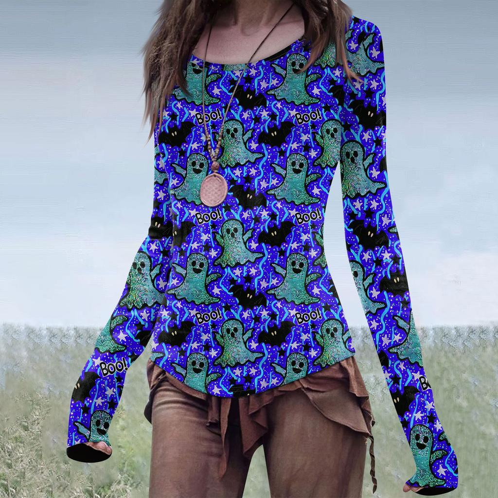 Women's Fashion Casual Mori Slim Long Sleeve Halloween Printed Round-Neck Regular Top