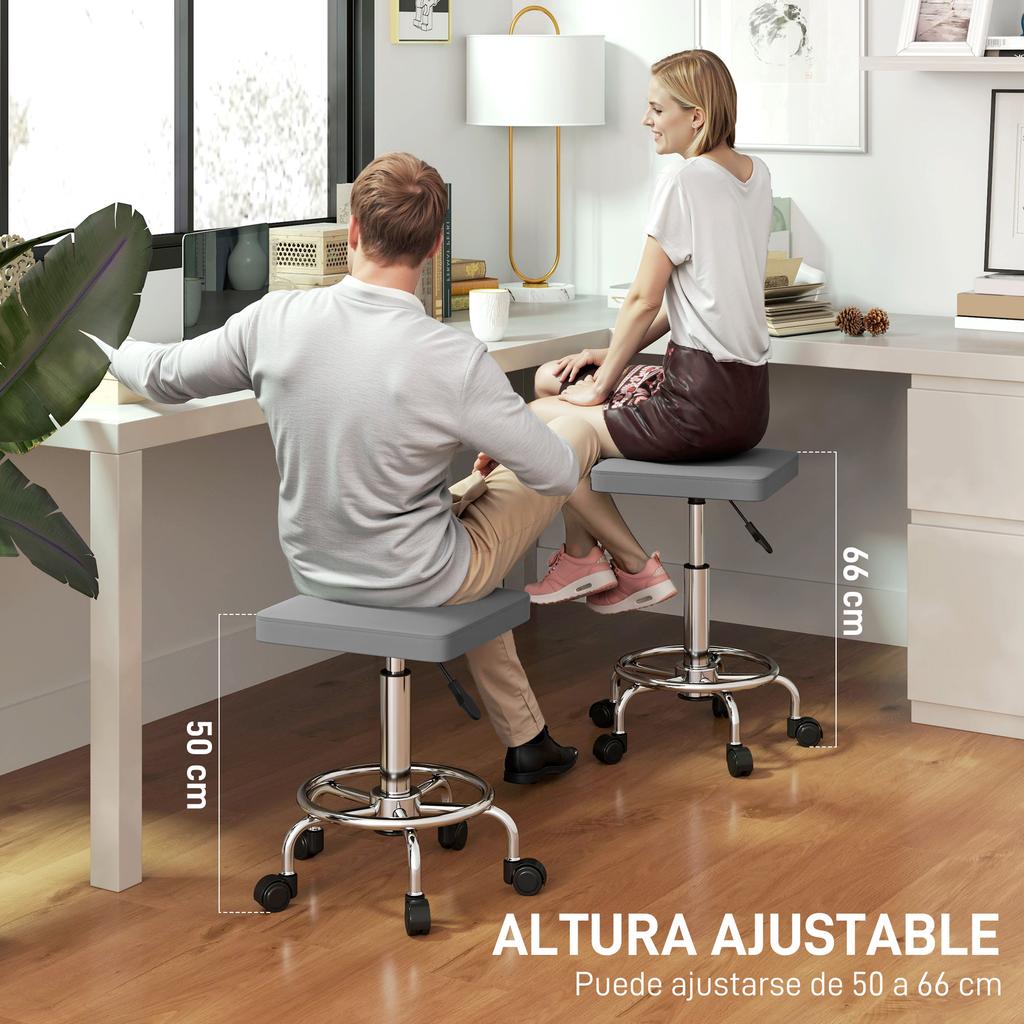 Adjustable Swivel Stool with Padded Seat Footrest and Wheels for Living Rooms and Workshops 34x34x50-66 cm Gray