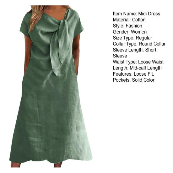 Женское платье миди с декорированным воротником и бретельками, платье с коротким рукавом, однотонное свободное летнее повседневное платье