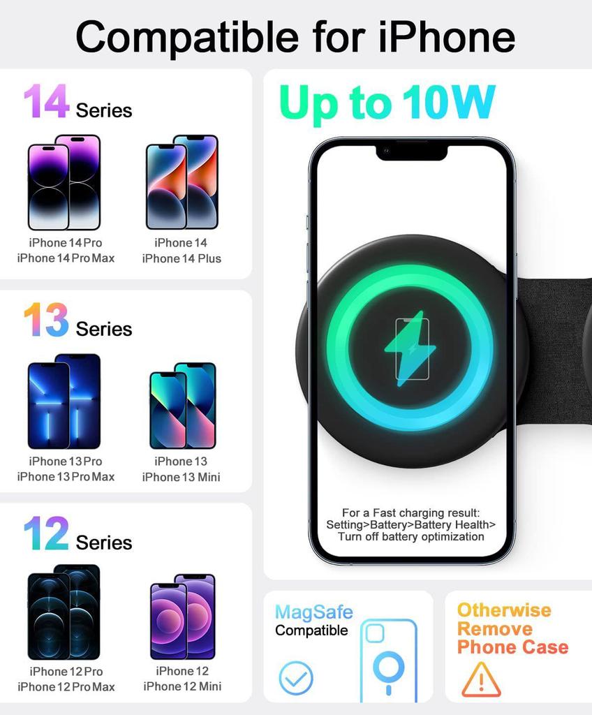 Foldable 3-in-1 Wireless Charger for Mobile, Apple Watch, Magsafe, Huawei