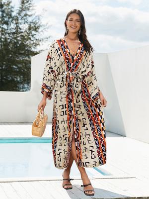 2024 накидки на бикини с принтом в стиле бохо, элегантное кимоно с поясом, платье-туника, женская пляжная одежда больших размеров, накидка на купальный костюм