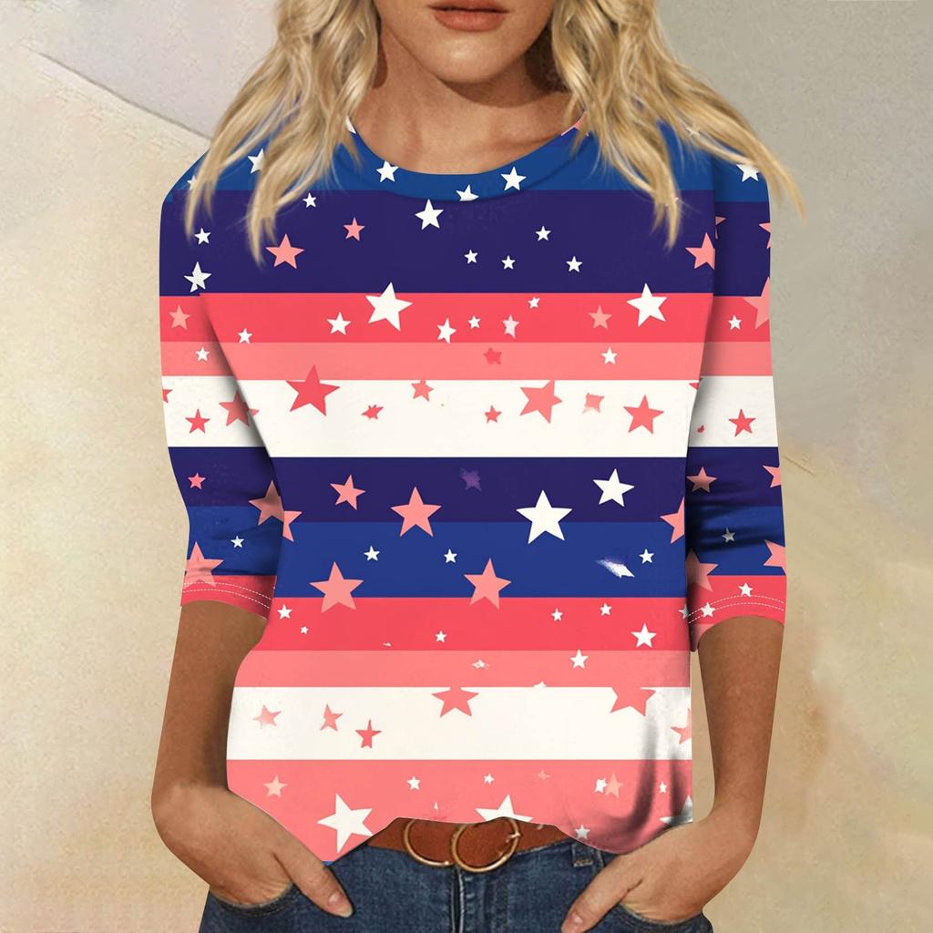 Женская мода повседневный топ с круглым вырезом и принтом на День независимости с семью рукавами