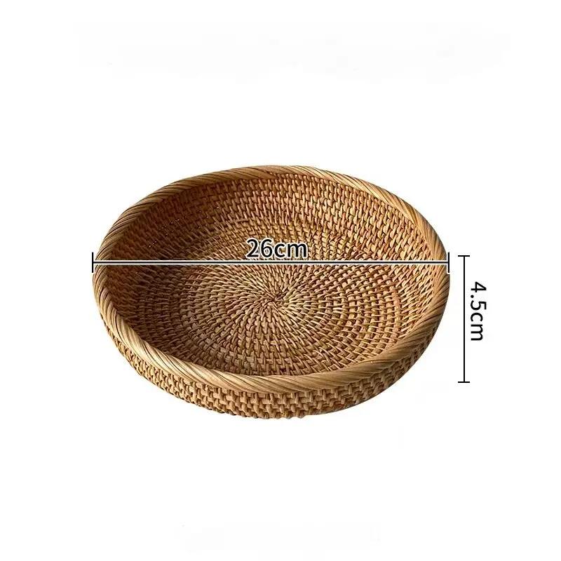 Handwoven Rattan Storage Tray with Wooden Handle Picnic Basket Bread Food Plate Snack Fruit Cake Platter Dinner Serving Tray New