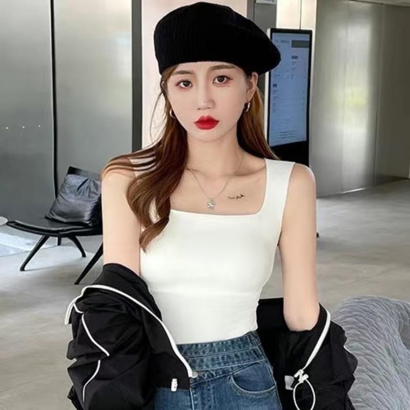 Новый камзол с широкими плечами и квадратным вырезом, красивый жилет с резьбой сзади, женский бесшовный цельный повседневный однотонный топ с фиксированной чашкой