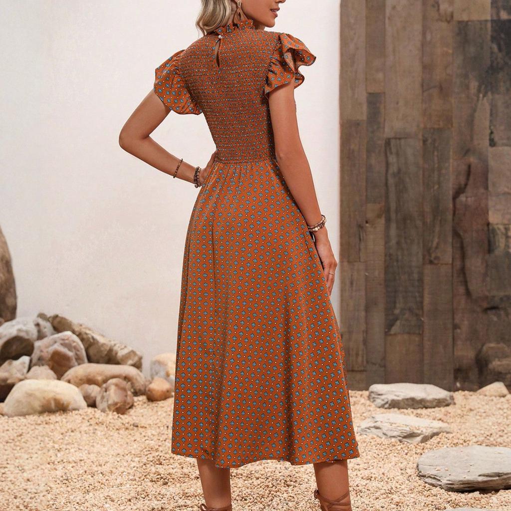 Ladies' Summer Polka Dot Round Neck Short Sleeved Long Dress Loose Comfortable Casual And Fashionable Dress