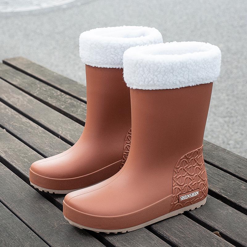 Women's Mid-tube Rain Boots Rubber Boots Warm Overshoes Waterproof Outdoor Non-slip Wear-resistant Fashion All-match Rain Boots