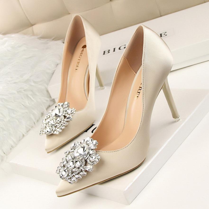 Summer New Rhine-diamond Sexy Banquet High Heels for Women Slim Heels Thin Mouth Wedding Shoes Pointed Shiny Single Shoes