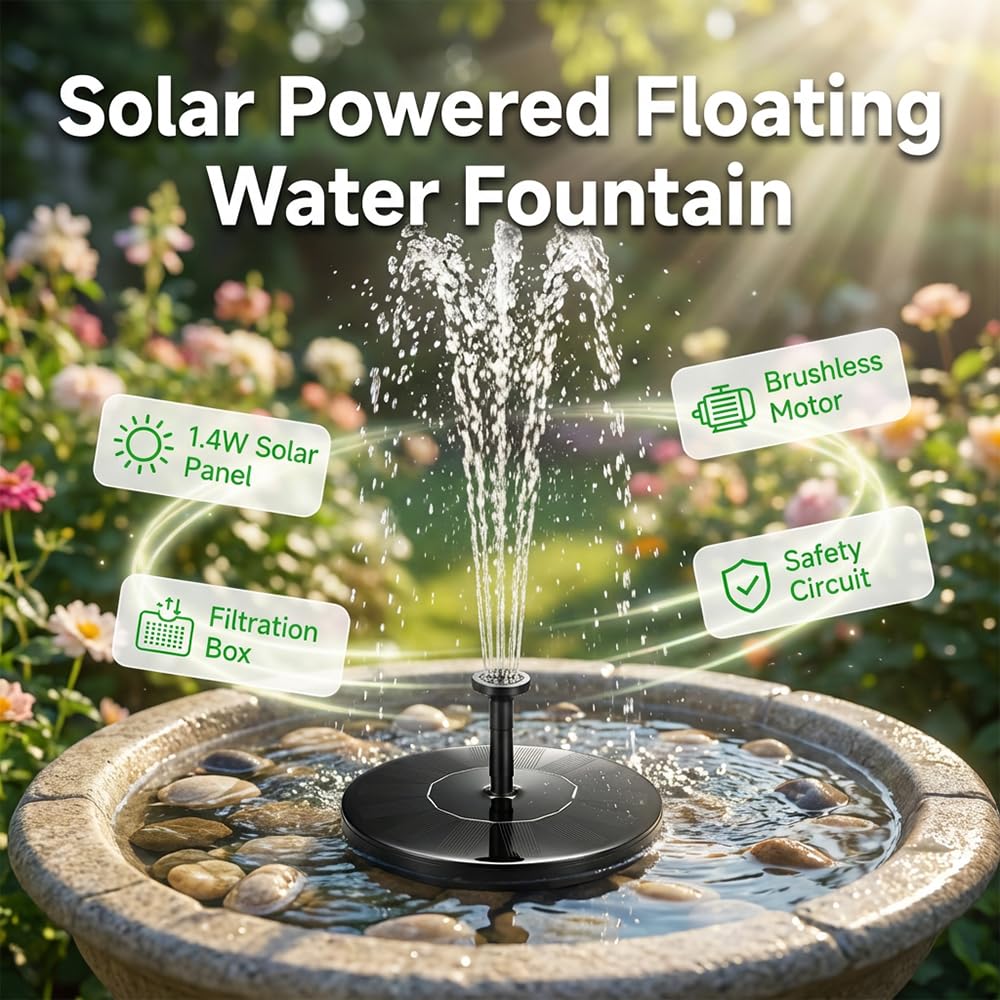 Solar Water Fountain for Bird Bath,Upgraded Solar Powered Fountain Pump with 6 Nozzle for Outdoor Garden, Pond, Pool, Birdbath