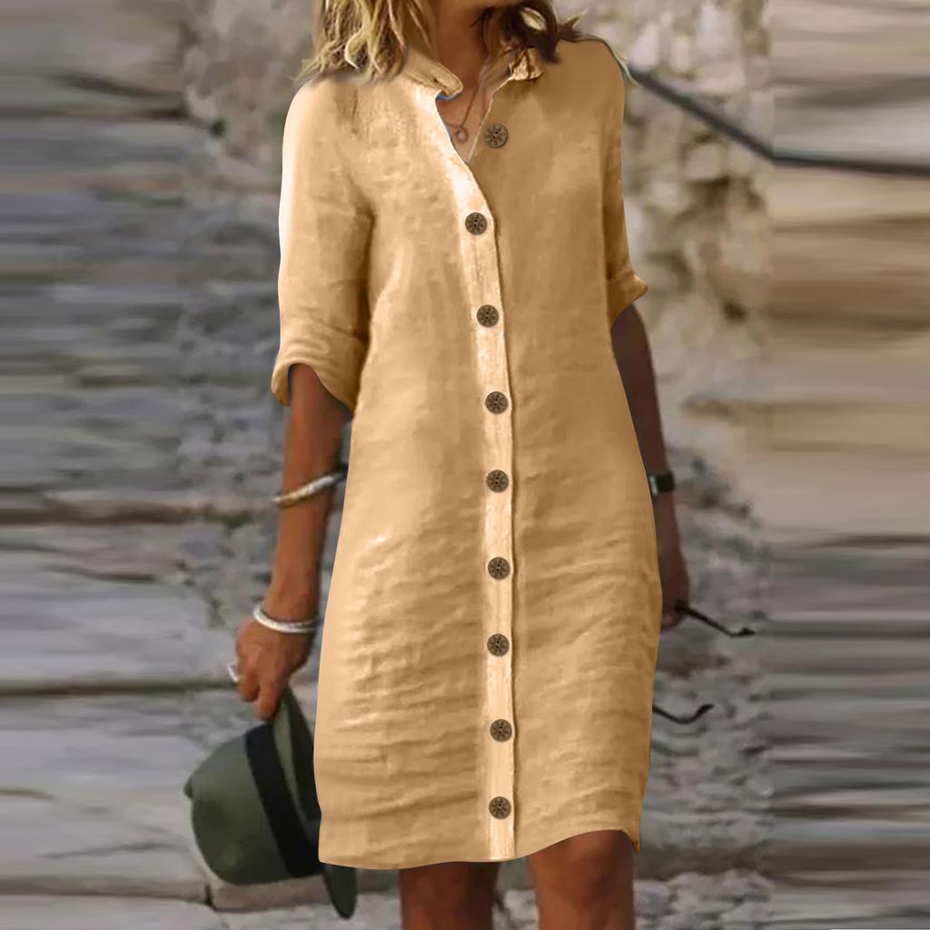 Женское платье с рубашкой и рукавами миди, однотонные повседневные платья