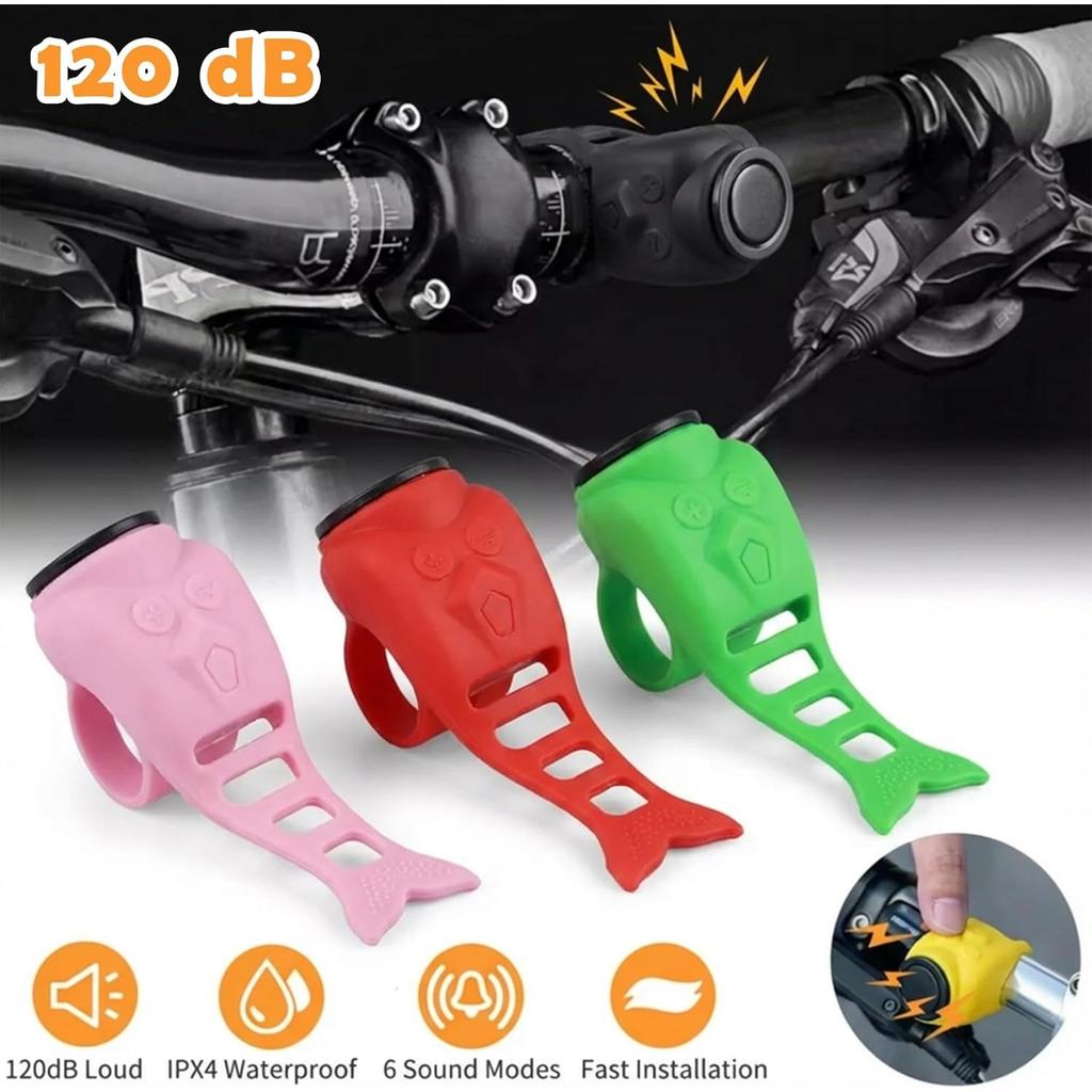 Electronic Bike Horn 120DB Fish - Shaped Mountain Bike Bells for Adults, Road Bicycle Bell with 4 Sound Modes and Waterproof,Fits 22.2-31.8mm