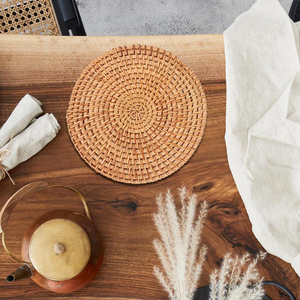 Round Rattan Placemats Coaster Handwoven Heat Insulation Pads for Outdoor Camping