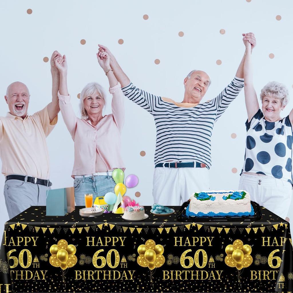 3 шт. Скатерть для 60-го дня рождения, Декорации, Декорации на 60-летие, Черно-золотая, Счастливого 60-летия, Скатерть для стола, Прямоугольная, Декорации для стола, 60-летие