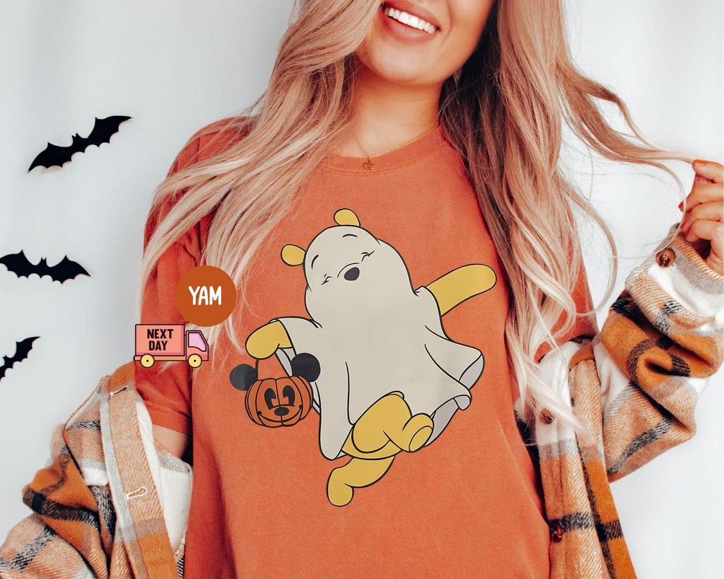 Comfort Colors® Halloween Retro Winnie The Pooh Ghost Shirt, Spooky Season Shirt, Halloween Women's Shirt, Cute Fall Autumn Leaf Shirt, Gift